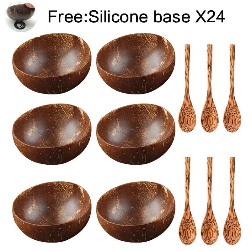 DecorBites™ Coconut Bowl Set with Wooden Spoon: Natural Handmade Tableware for Desserts, Fruits, Salads