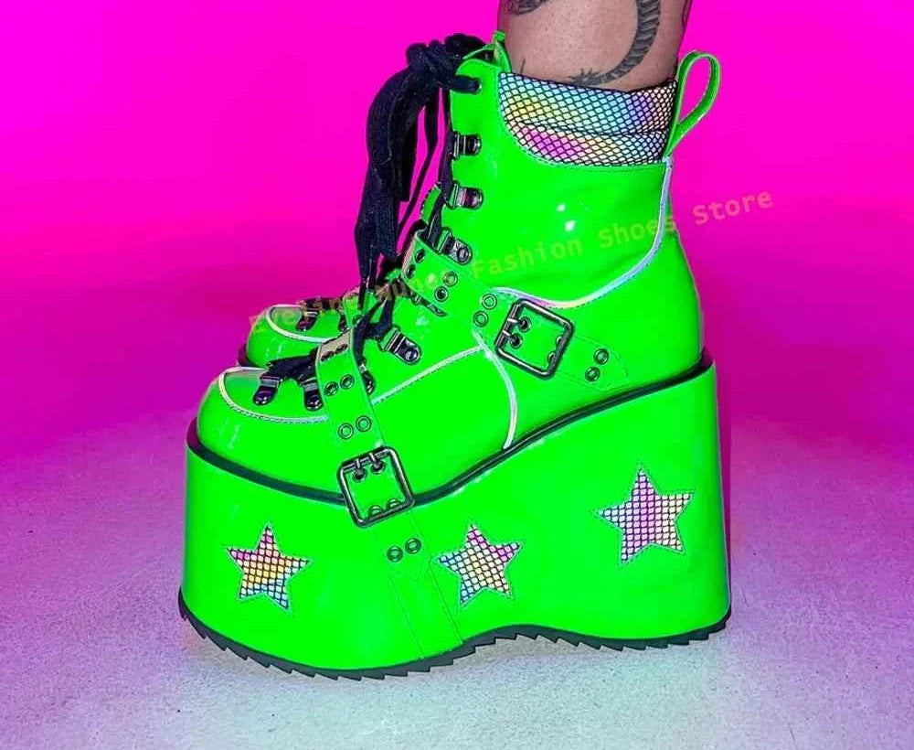 Green Spaced Out Platform Boots Round Patchwork Women Cyberpunk
