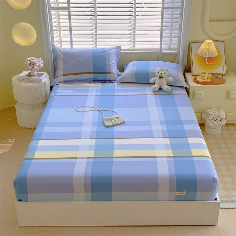 DecorBites™ Cotton Striped Fitted Bed Sheet for Queen Double Mattress Cover