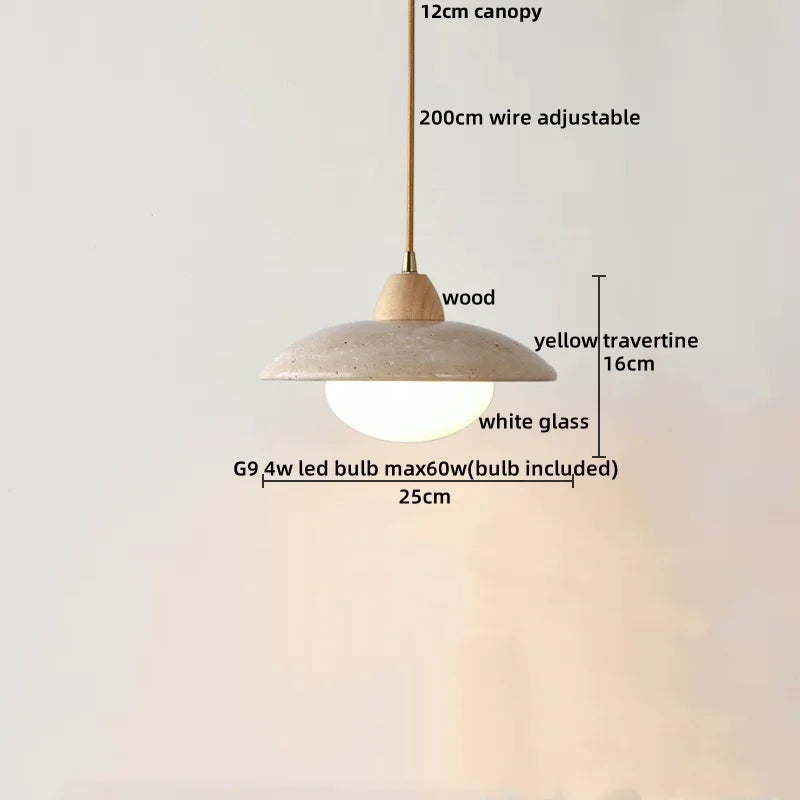 DecorBites™ Globe LED Pendant Light Yellow Travertine Stone White Glass Adjust Hang Lamp