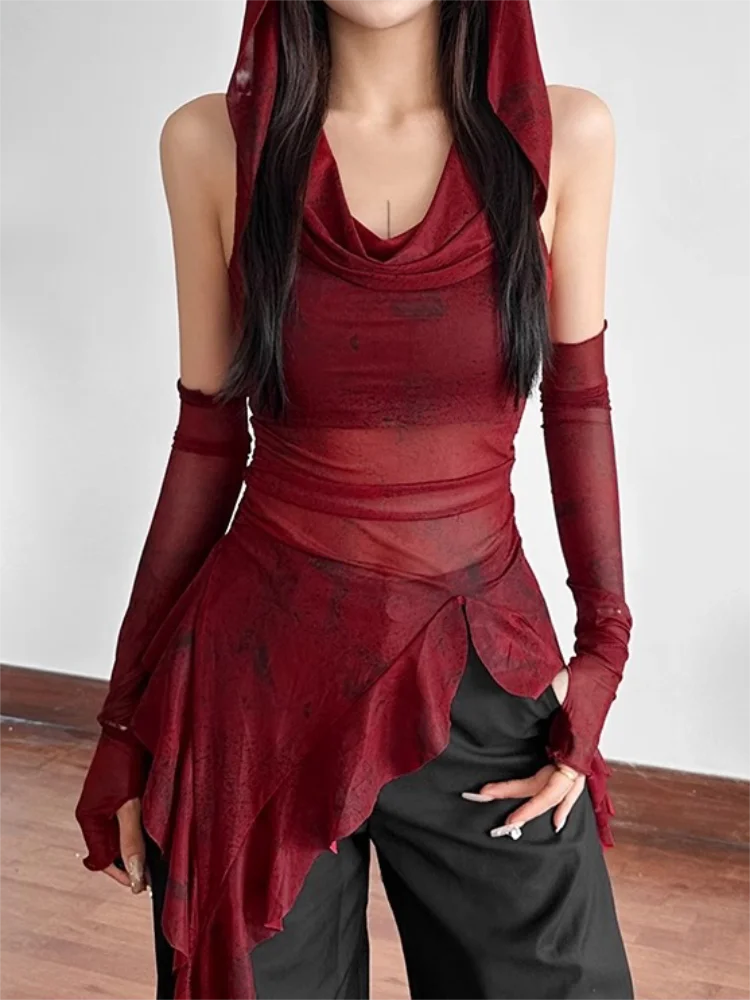 Red Mesh See Through Top Streetwear T-shirt Irregular Ruffle