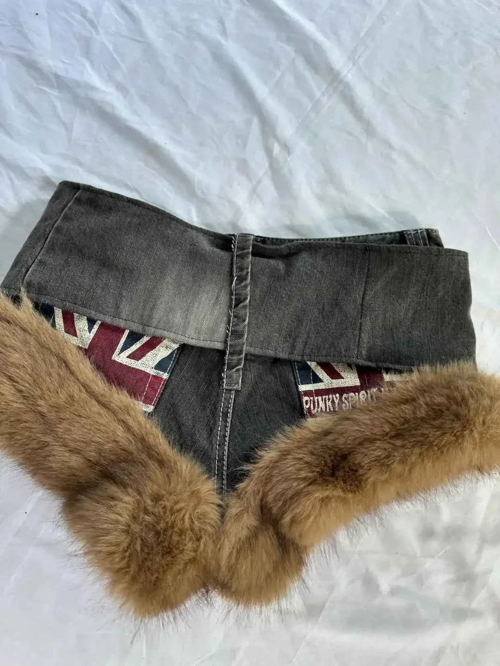Fur Collar Mini Denim Bottoms for Women Y2k Personality
