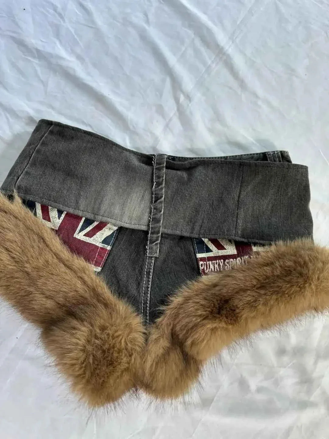 Fur Collar Mini Denim Bottoms for Women Y2k Personality