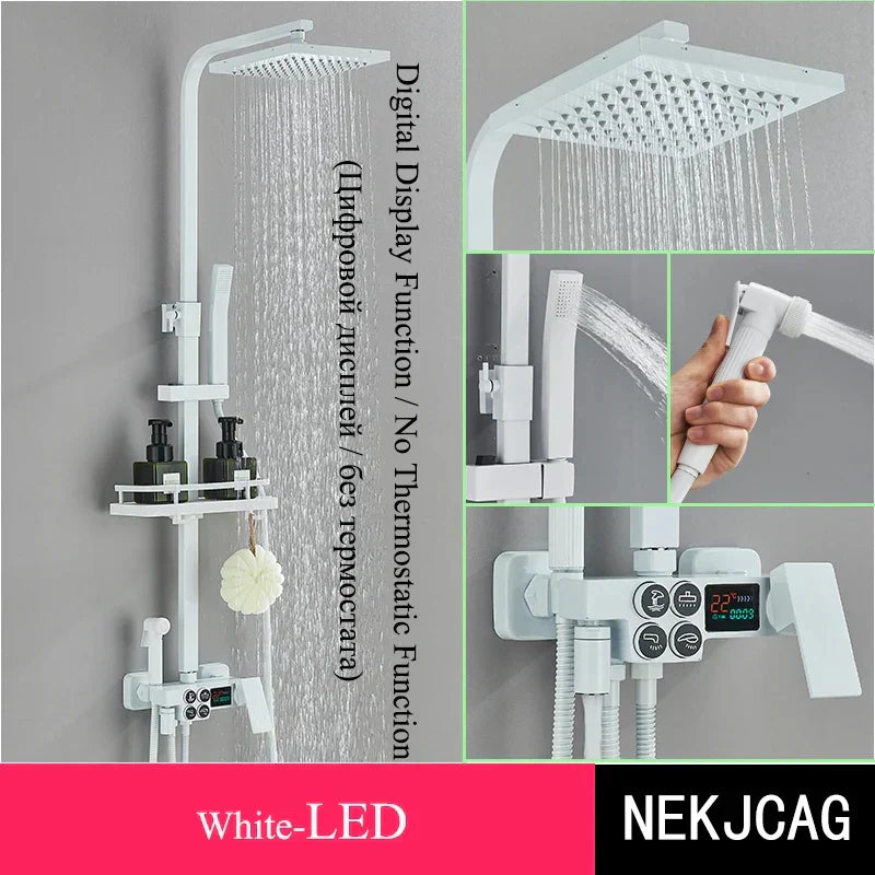DecorBites™ Digital Display Thermostatic Shower Faucet Set, Rain Shower Column, Wall Mount - Black/Chrome