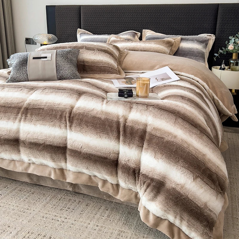 DecorBites™ Cozy Faux Fur Bedding Set: Gradient Rabbit Fur Plush Cover Sheet Pillowcases