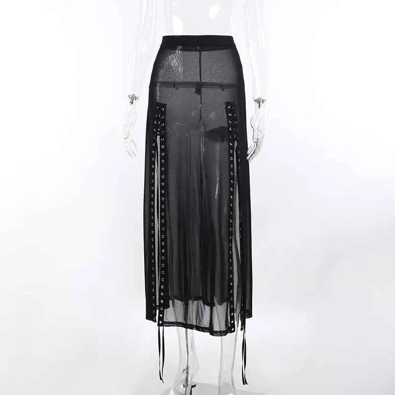 Goth Mesh Side Slit Skirt Lace Up