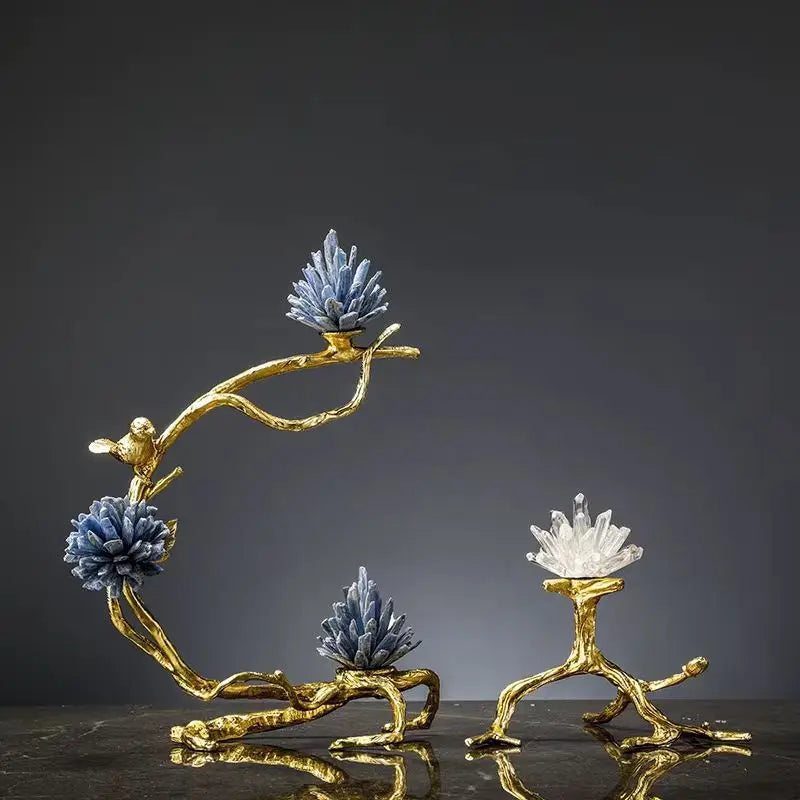 DecorBites™ Crystal Stone Golden Bird Metal Tree Sculpture Room Decoration