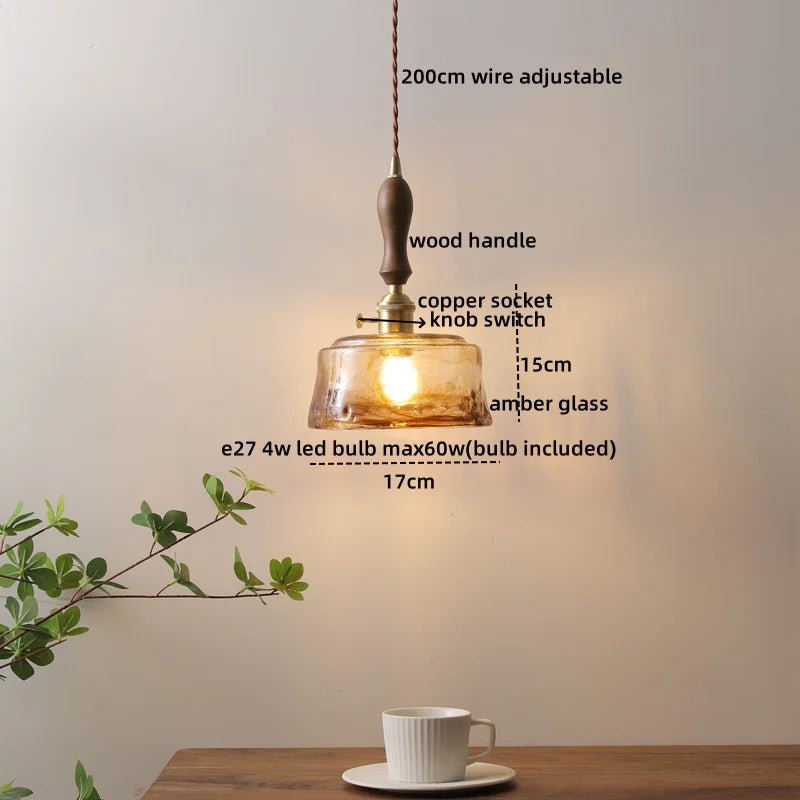 DecorBites™ Green Glass LED Pendant Lamp with Knob Switch, Copper Chandelier