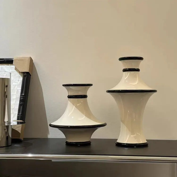 DecorBites™ Geometric Black White Stripes Ceramic Vase Home Decor Floral Arrangement