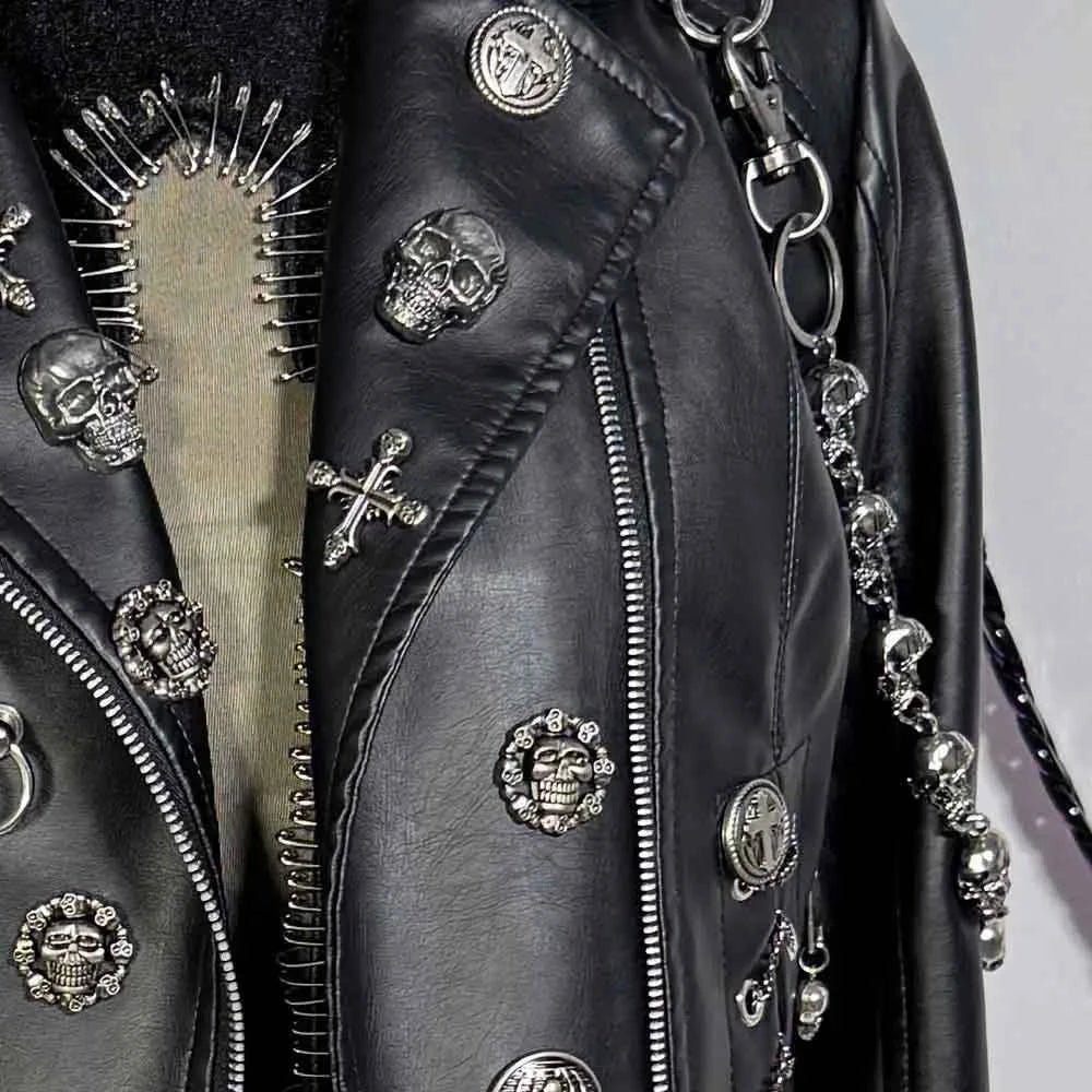 Women's Y2K Vegan Leather Skull Studded Rivets Jacket
