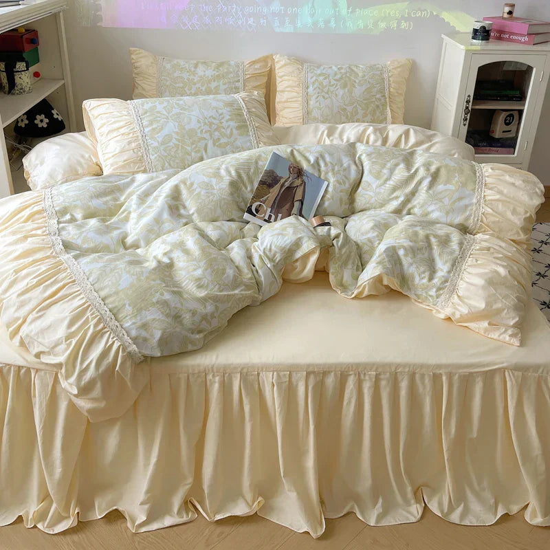DecorBites™ Korean Princess Flowers Bedding Set - Duvet Cover, Bed Skirt, Pillowcases