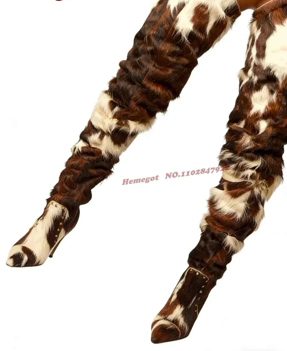 Horsehair Patchwork Thigh High Boots Rivet Stiletto Fur Pointy Toe Women's Boots