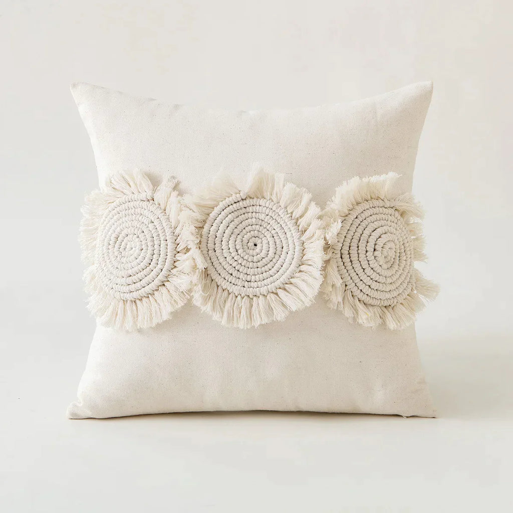 DecorBites™ Beige Tufted Fringed Cushion Cover Cotton Linen Tassel Crochet Pillow Cover