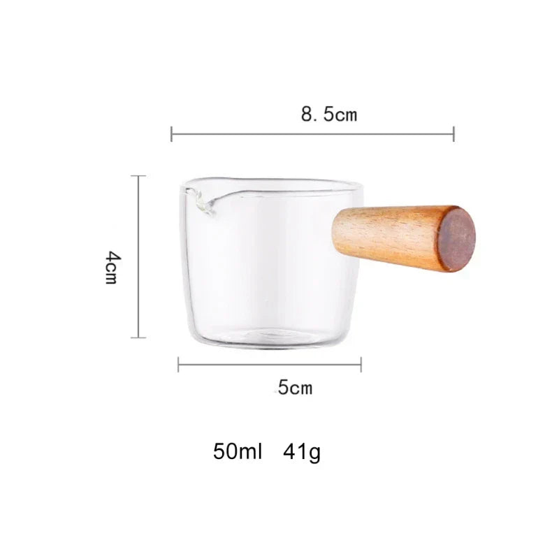 DecorBites™ Glass Espresso Measuring Cup with Wood Handle, Milk Jug for Coffee & Sauce