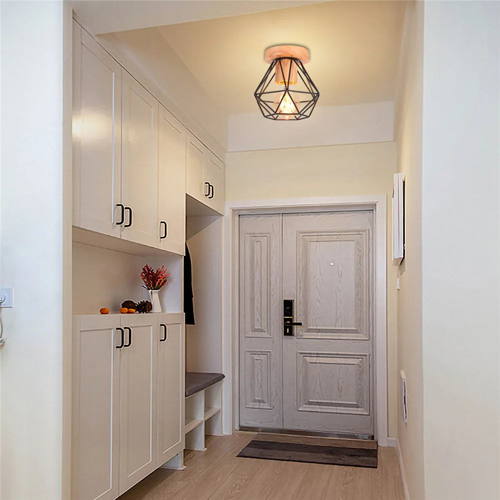 DecorBites™ Iron Wood E27 Ceiling Light: Modern Nordic Mini Lamp for Living Room and Bedroom