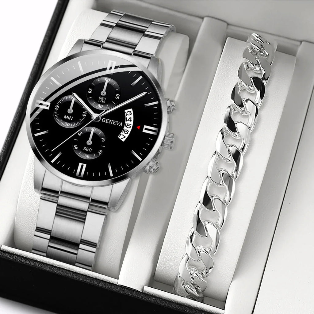 2-Piece Men's Business Quartz Watch and Bracelet Set - Alloy Steel Band, Calendar, Folding Clasp