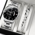 2-Piece Men's Business Quartz Watch and Bracelet Set - Alloy Steel Band, Calendar, Folding Clasp