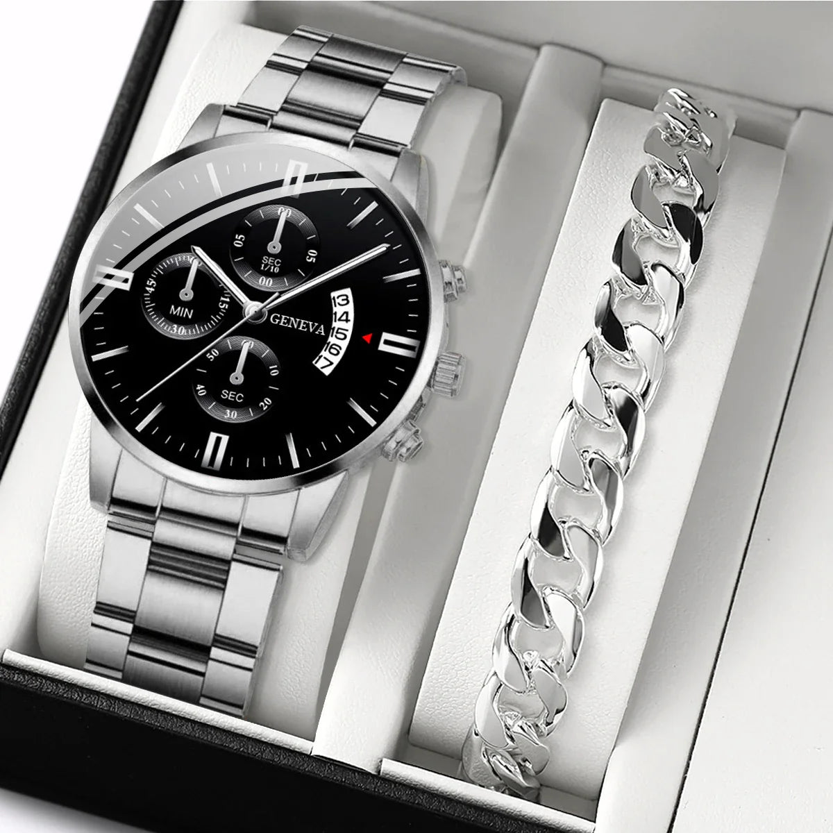 2-Piece Men's Business Quartz Watch and Bracelet Set - Alloy Steel Band, Calendar, Folding Clasp
