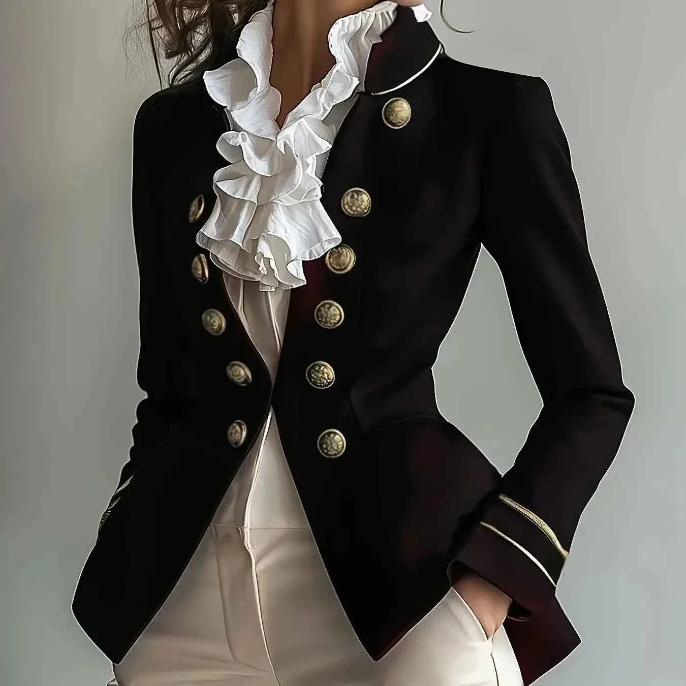 Elegant Black Double-Breasted Jacket with Golden Buttons Polyester Blend Formal Attire