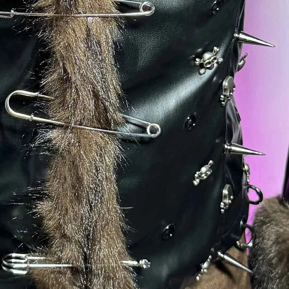 Grunge Goth Hand Made Punk Rock Studded Y2K Vegan Leather Faux Fur Jacket Pin