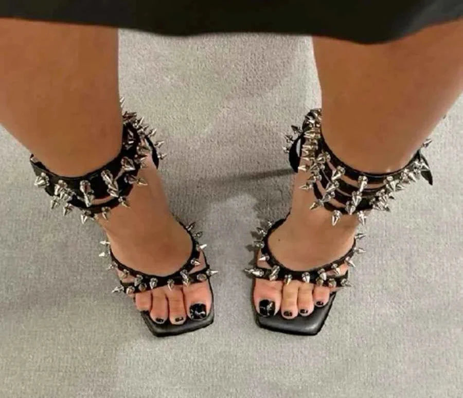 Punk Style Spiked Stilettos Square Open Toe Thin High Heels