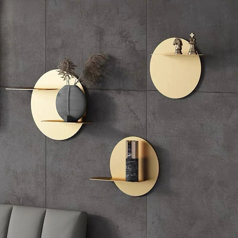 DecorBites™ Gold Metal Round Wall Storage Shelf with Hooks