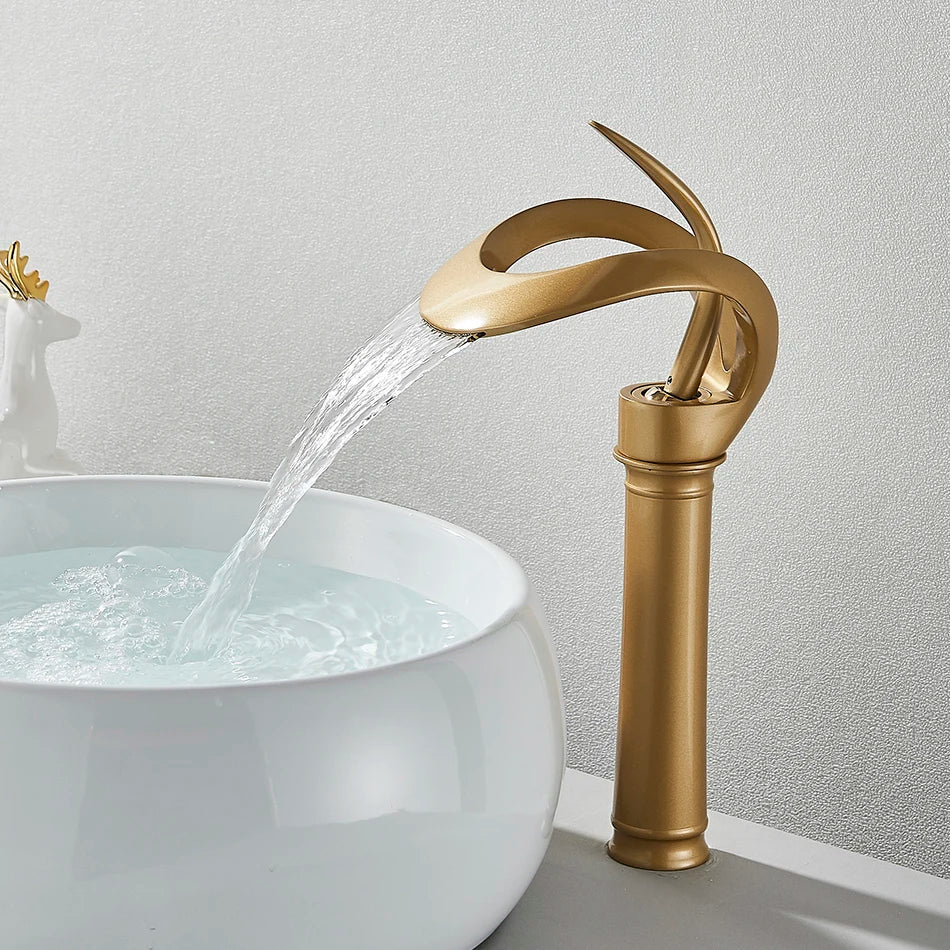 DecorBites™ Black Brass Waterfall Basin Faucet, Single Handle Deck Mount Vanity Tap
