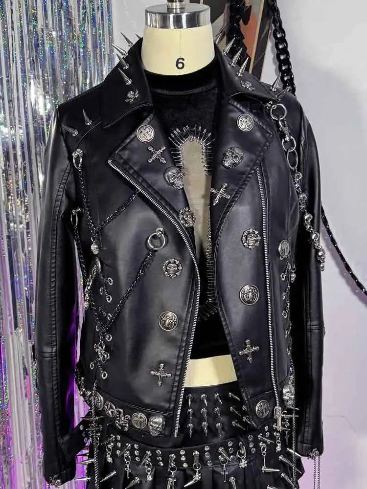 Women's Y2K Vegan Leather Skull Studded Rivets Jacket