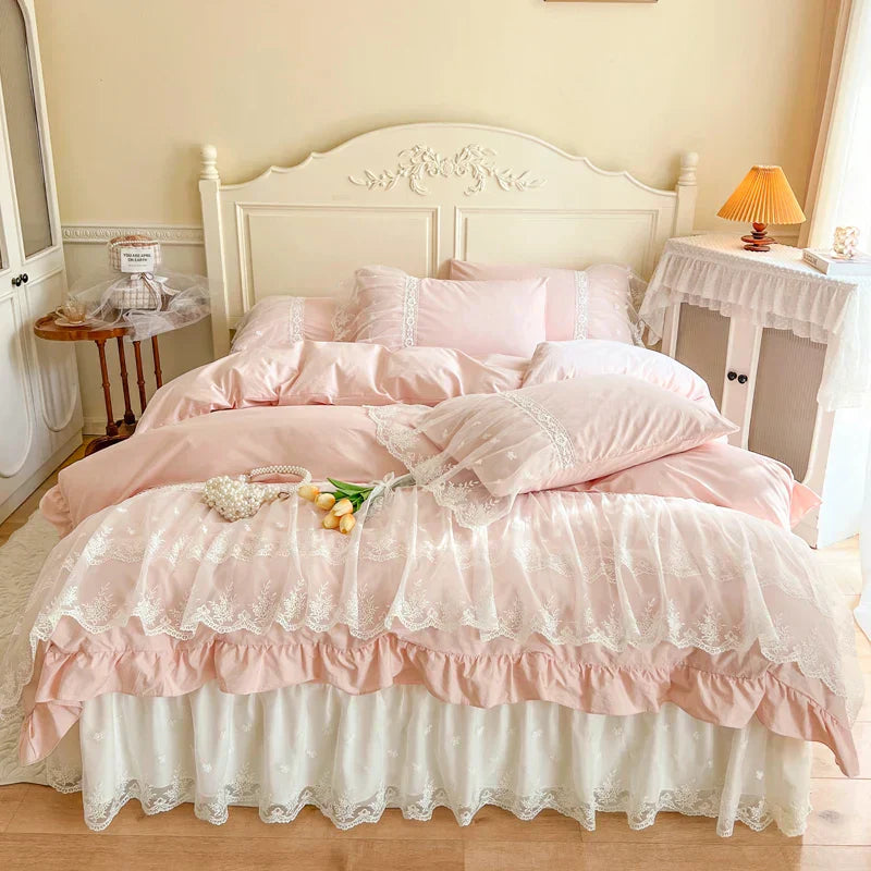 DecorBites™ French Princess Lace Ruffles Bedding Set, 100% Cotton, Pink Romantic Theme