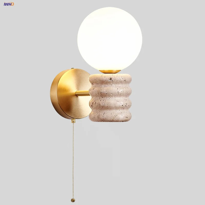 DecorBites™ Japanese LED Wall Lamp, Pull Chain Switch, Yellow Travertine Glass, White Shade