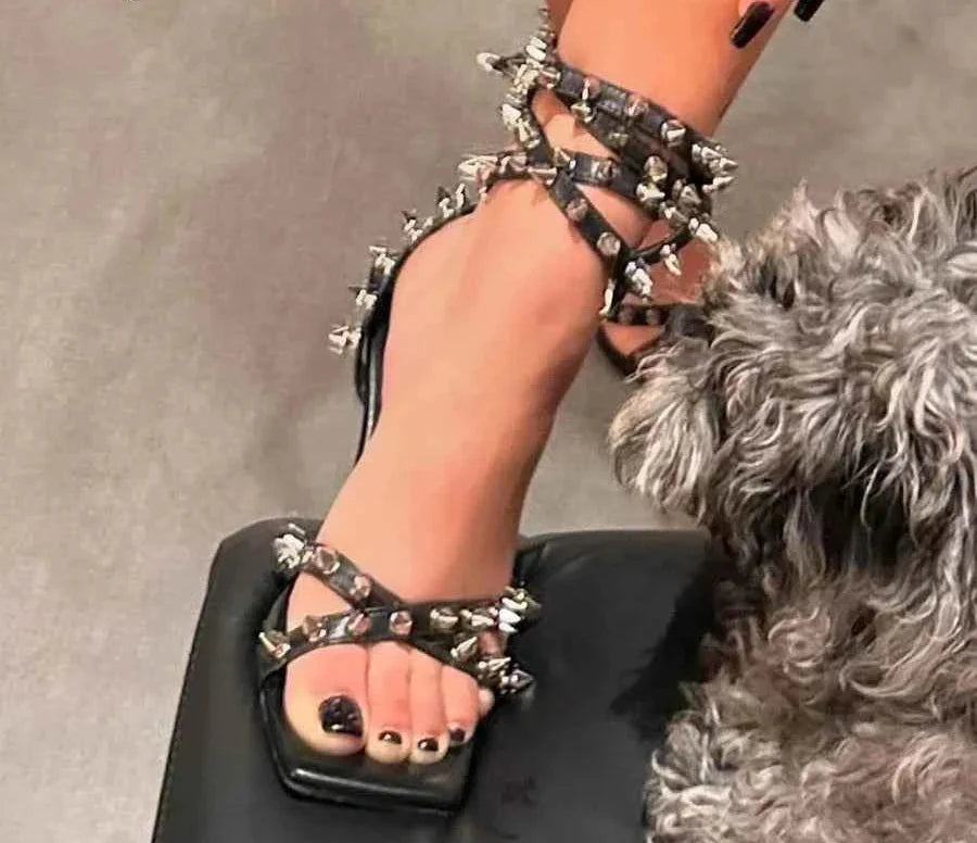 Punk Style Spiked Stilettos Square Open Toe Thin High Heels