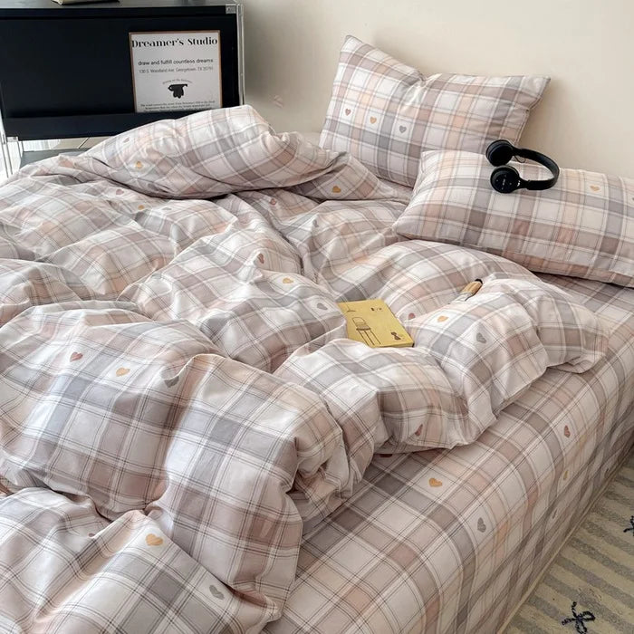 DecorBites™ Cotton Grid Bedding Set - Soft & Stylish Bed Sheet, Quilt Cover Kit