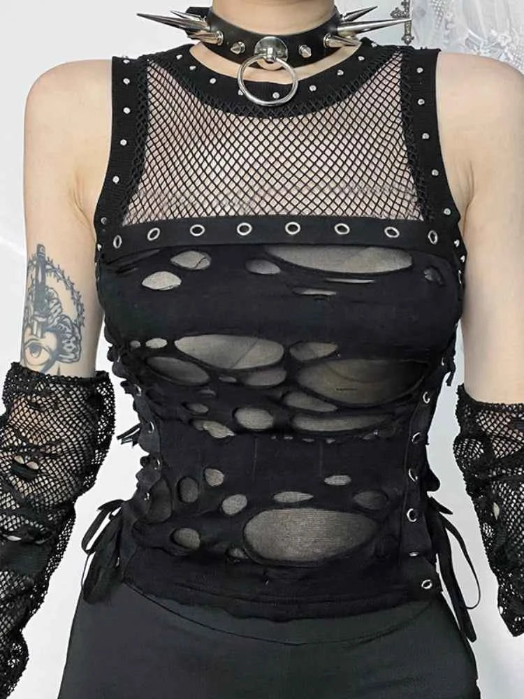 Gothic Crop Top T-Shirt for Women Sexy Fishnet Backless Steampunk