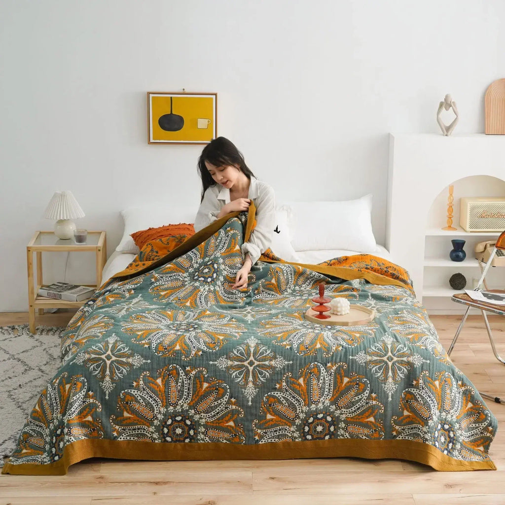 DecorBites™ Geometric Cotton Gauze Summer Blanket – Stylish Home Textile for Adults