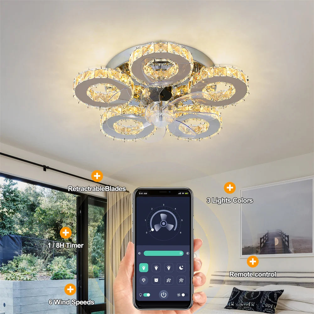 DecorBites™ Crystal LED Ceiling Fan: Remote Control Chandelier for Bedroom & Living Room