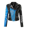 Faux Leather Jacket for Women Graffiti Print Punk Studded Slim Cropped Motorcycle Jackets