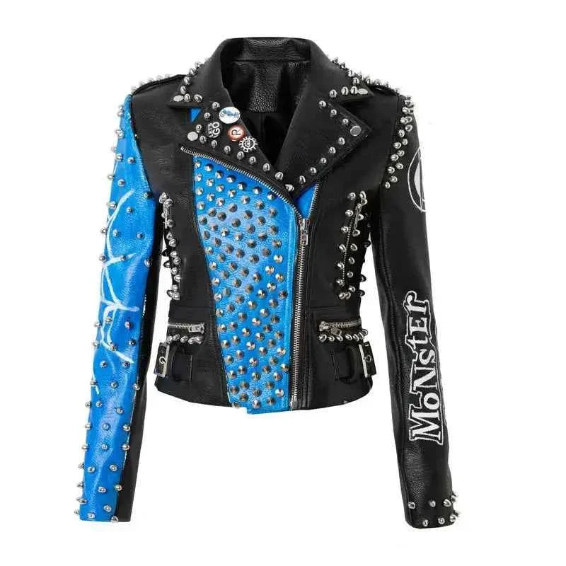 Faux Leather Jacket for Women Graffiti Print Punk Studded Slim Cropped Motorcycle Jackets