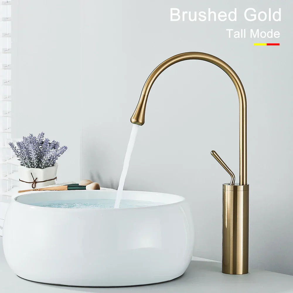 DecorBites™ Gold Tall Basin Faucet, 360 Swivel Waterfall Mixer for Bathroom Washbasin