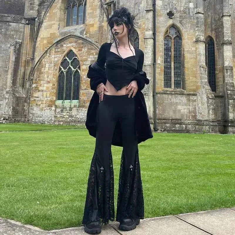 Goth Mall Flare Jeans Sexy Black Lace Patchwork High Waist Vintage Punk Grunge Streetwear