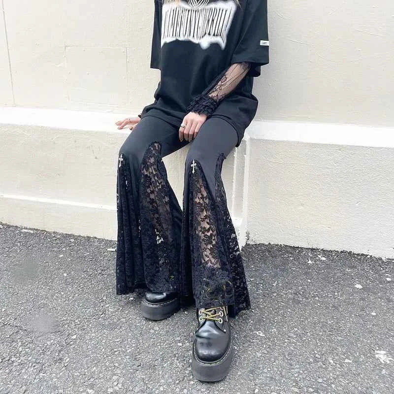 Goth Mall Flare Jeans Sexy Black Lace Patchwork High Waist Vintage Punk Grunge Streetwear