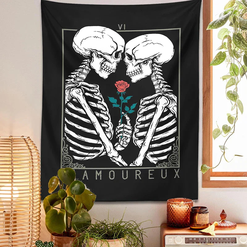 DecorBites™ Kissing Lovers Tarot Tapestry: Skeleton & Rose Hippie Room Decor