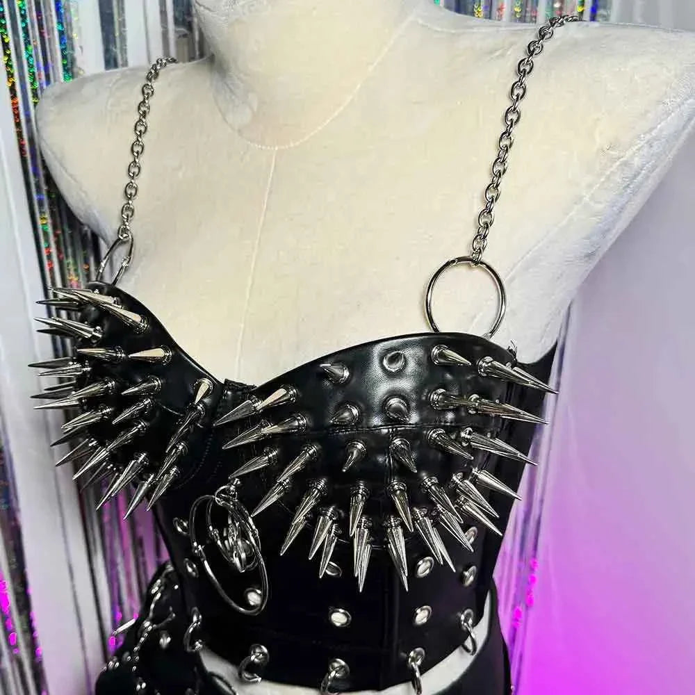 Goth Top with Spikes Grunge PU Leather Tank T-shirt