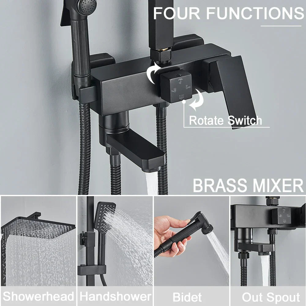 DecorBites™ Black Brass Shower Faucet Set Rainfall Bathtub Tap With Bathroom Shelf