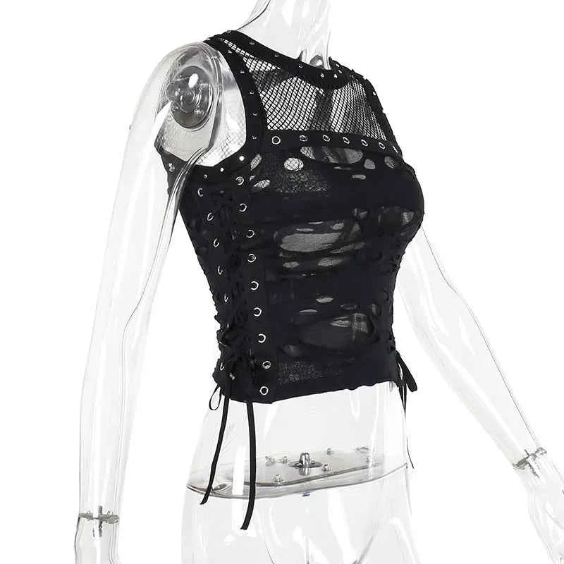Gothic Crop Top T-Shirt for Women Sexy Fishnet Backless Steampunk