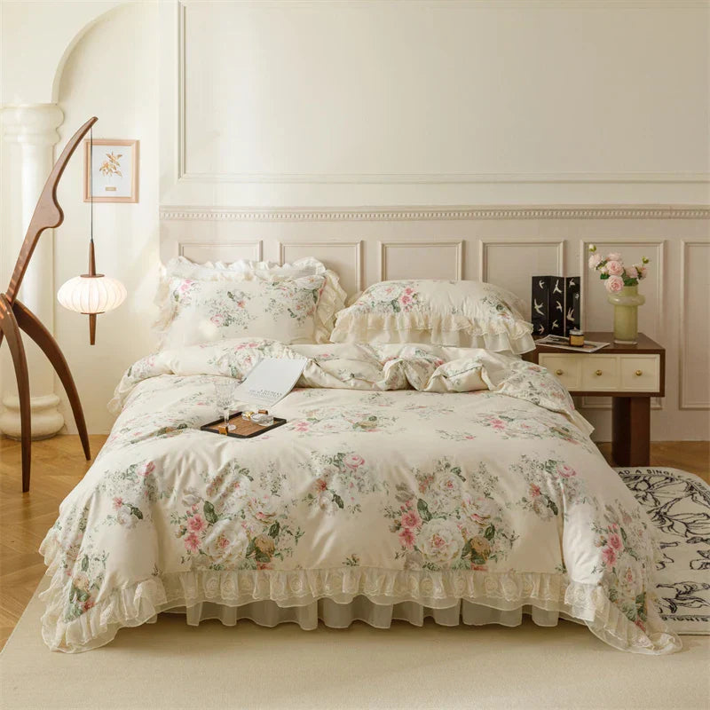 DecorBites™ French Country Flowers Print Bedding Set with Lace Ruffles