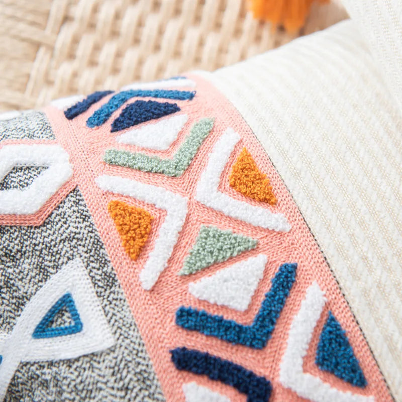 DecorBites™ Embroidered Blue Tufted Boho Pillow Cover with Tassel, Lumbar Decorative Cushion