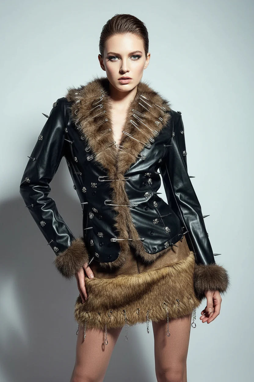 Grunge Goth Hand Made Punk Rock Studded Y2K Vegan Leather Faux Fur Jacket Pin