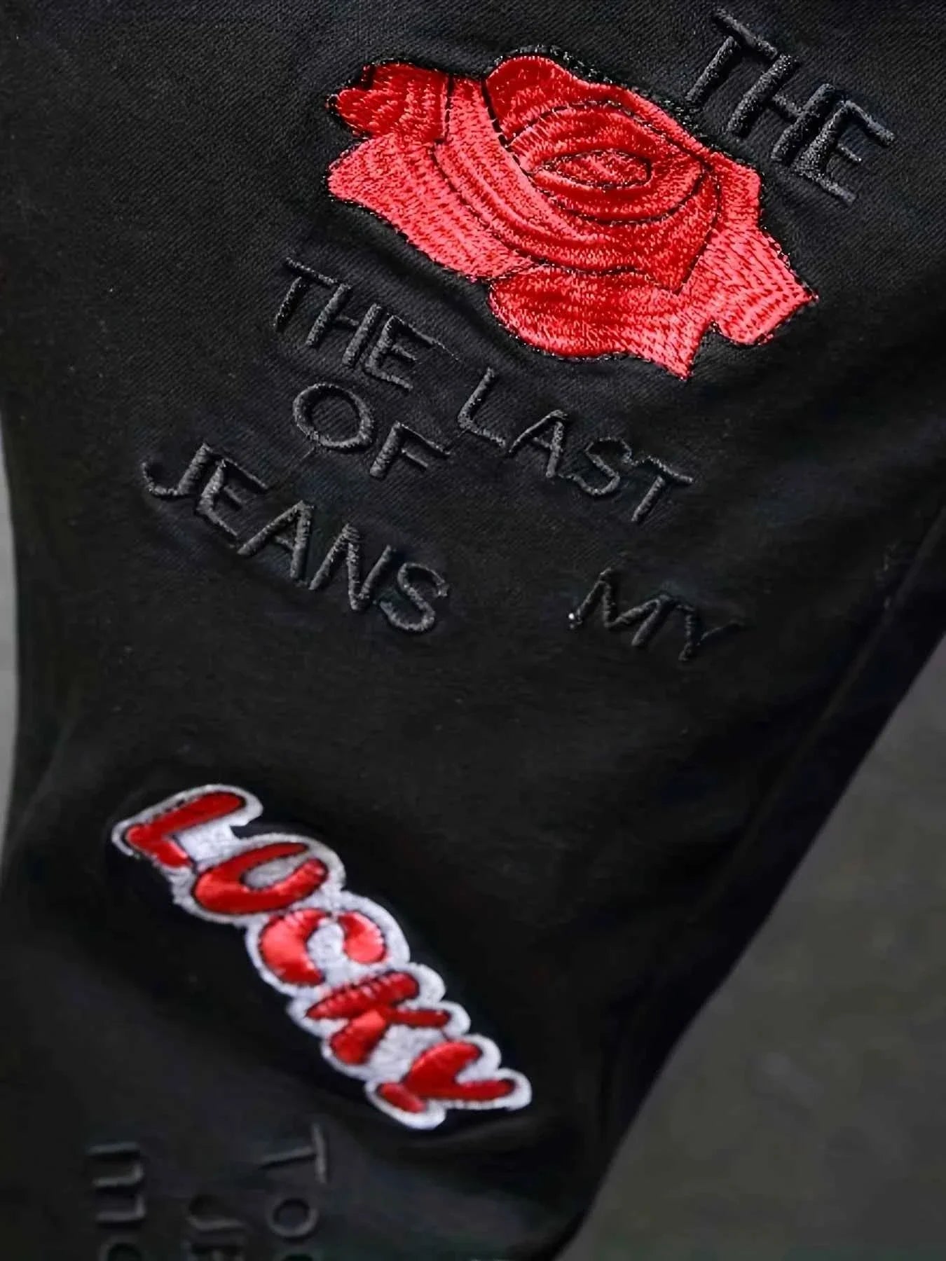 Men's slim fit embroidered elastic straight denim pants
