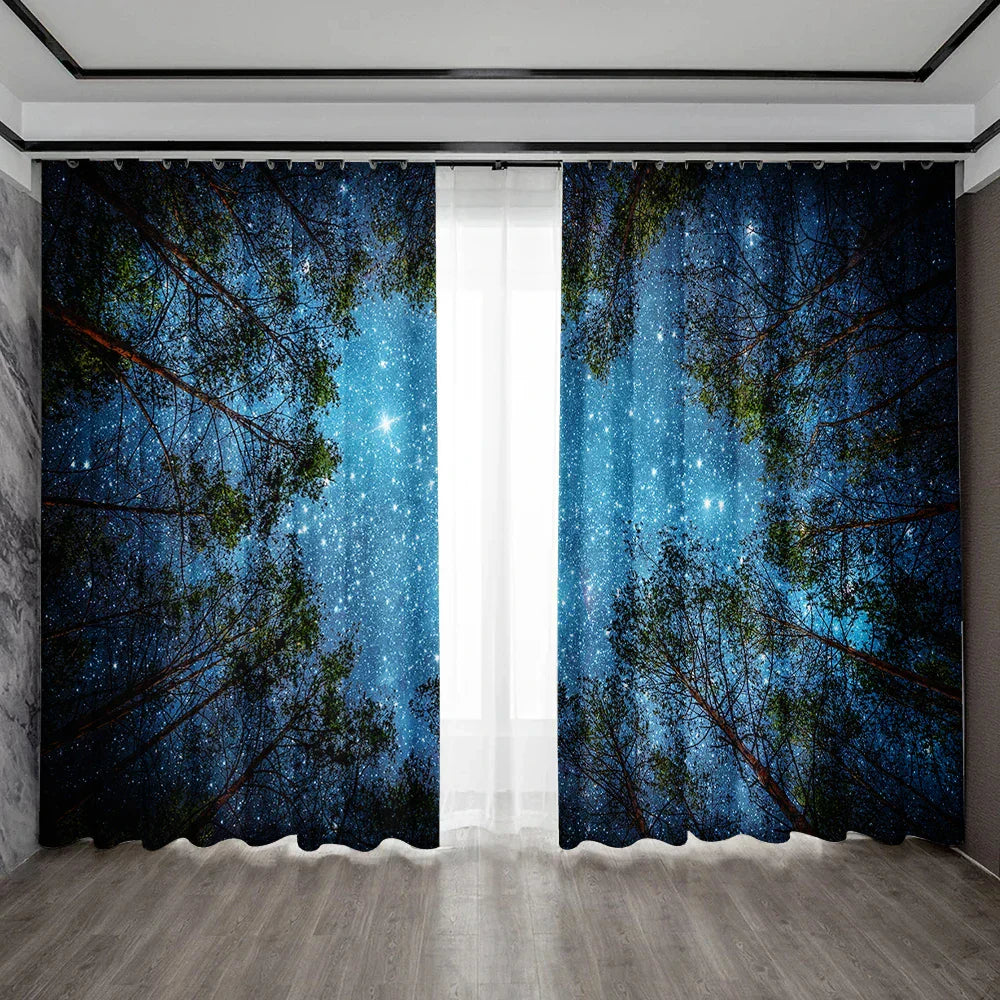 DecorBites™ Dark Blue Forest & City Night View Modern Printed Curtains