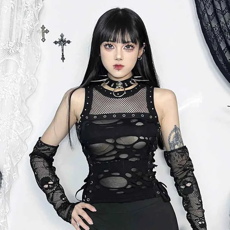 Gothic Crop Top T-Shirt for Women Sexy Fishnet Backless Steampunk